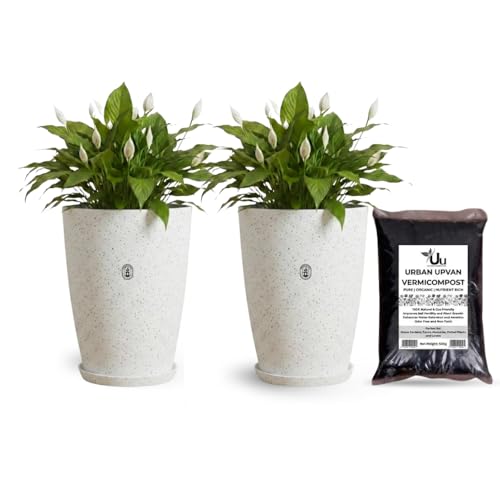Image of Urban Upvan 14 Inch Tower Pot with Tray (White) with Vermicompost | Large Round Flower Pot | Durable Lightweight Plastic Planter for Indoor Outdoor Plants, Balcony & Garden, (Pack of 2)