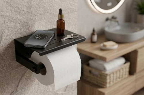 Image of Premium Stainless Steel Toilet Paper Holder with Storage Shelf | Matte Black Anti-Rust Bathroom Tissue Roll Dispenser | Wall Mounted Phone Holder & Organizer (Square BL44)