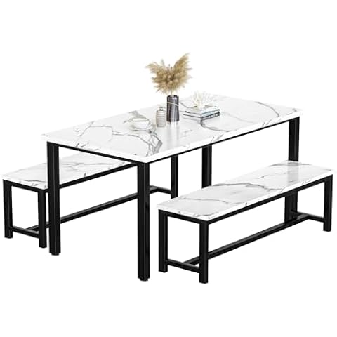 furlinkhm 47.2" Dining Table Set for 4-6, Faux Mable Kitchen Table with 2 Benches,Kitchen Table & Chair Set with Metal Frame,Dining Room Table Set for Breakfast Nook and Small Space, White Cover