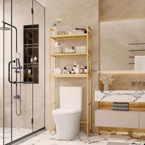 FAMAPY 3-Tier Bamboo Over Toilet Bathroom Organizer, Above Toilet Storage Shelf, Wood Over The...