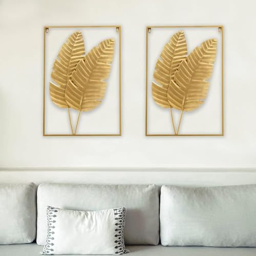 Image of Framing Hub - Gold Metal Wall Decor Set of 2 Leaf Wall Hanging Home Decor with Frame, Metal Wall Art Decor Wall Sculptures for Living Room, Bedroom, Office, Hotel (Size 15 inch X 22 inch)