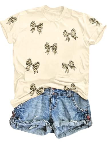 Image of Bow Leopard Shirt for Women Cheetah T-Shirts for Women Bow Graphic Tees Short Sleeve Aesthetic Tee Top