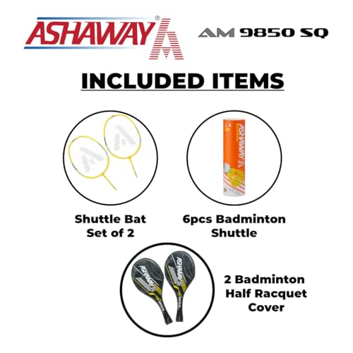 Image of ASHAWAY Badminton Rackets Set of 2 - AM 9850 SQ | Aluminum Rackets Combo with 6 Shuttlecock Pack & Half Cover | Ideal for Adults & Kids | Lightweight & Durable for Recreational Play