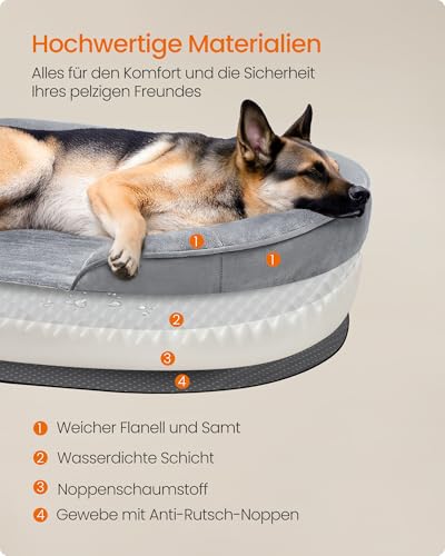 Feandrea Hundebett, Hundekissen, für extra große Hunde, 122 x 85 x 20 cm, orthopädisch, wasserdichte Innenschicht, erhöhte Ränder, Abnehmbarer, waschbarer Bezug, rutschfest, hellgrau PGW284G01