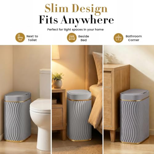 Image of Ogikey Bathroom Small Trash Can with Automatic Touchless Lid, 2.6 Gallon Smart Garbage Can Narrow Waterproof Trash Bin for Bedroom, Office, Living Room (2.6 Gallon-Grey)