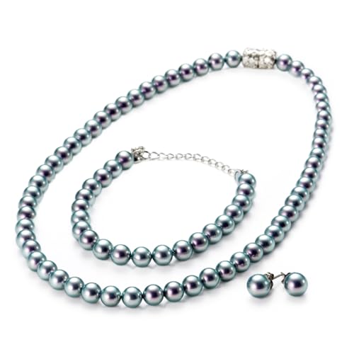 [aniva・organic] Pearl Necklace Set for Women with Necklace, Bracelet, and Stud Earrings [Beautiful Radiance Like Akoya and Freshwater Pearls] [Top Tier Shell Pearls Jewelry Set] [Magnetic Clasp] [Hypoallergenic] [Wedding Bride] Made in Japan 7.5-7.8mm, 45cm, White, Gray, Black