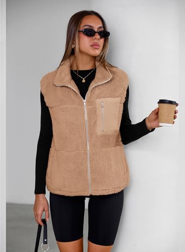 SimpleFun Women's Fuzzy Fleece Vest Trendy Zip Up Sleeveless Sherpa Jacket Stand Collar Winter Coat Outerwear with Pockets3