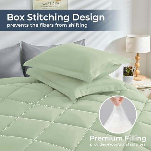 HEVUMYI Queen Comforter Set - 7-Piece All Season Bed in a Bag Queen, Ultra Soft Bedding Set with Comforter, Flat Sheet, Fitted Sheet, Pillowcases, Pillow Shams, Sage Green & Light Grey