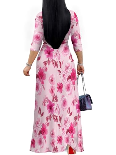 Image of Plus Size Dresses for Women Floral Print Maxi Dress Flowy 3 /4 Sleeve with Belt