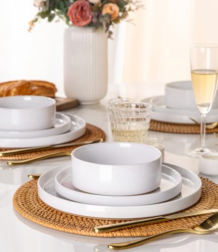 Image of AmorArc Ceramic Dinnerware Set for 6 | Speckled Stoneware Plates and Bowls with Rustic Terracotta Underside| Scratch Resistant,Dishwasher & Microwave Safe Dishes Sets- 18pcs White