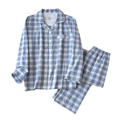 Cotton Pajama Sets for Men Long Sleeve Plaid Printed Button Down Pockets Tops and Elastic Waist Comfy Long Pants