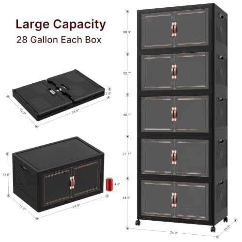 Image of Stackable Storage Bins with Lids, 550QT Lockable Storage Cabinet | Closet Organizers, Foldable Storage Box with Doors and Wheels, Plastic Drawers for Home, Garage, Office (5, Black, Plus)