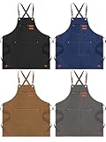 Toulite 4 Pack Canvas Chef Apron for Men with Adjustable Strap Cross Back Cotton Barber Apron with Pocket, 26 x 30''(Gray, Camel, Blue, Black)