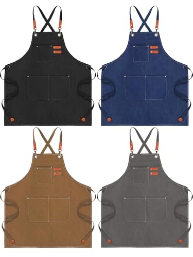 Toulite 4 Pack Canvas Chef Apron for Men with Adjustable Strap Cross Back Cotton Barber Apron with Pocket, 26 x 30''(Gray, Camel, Blue, Black)