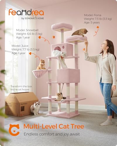 Image of Feandrea Cat Tree, 81.1-Inch Large Cat Tower, Multi-Level Condo, Jelly Pink | with 13 Sisal Scratching Posts, 2 Perches, 2 Cave, Hammock, Basket, Pompoms for Indoor Cats, Easy to Assemble, UPCT190P01