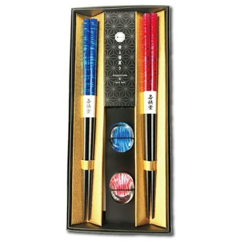 Premium Japanese Chopsticks Reusable with Chopsticks Rest Set of 2 Pairs[ Made in Japan ] Traditional Lacquer Art Wooden Chopsticks (Splashed Pattern BL/RD(MK026)) Cover