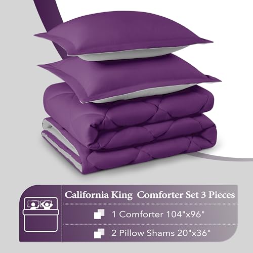 Image of downluxe California King Comforter Set - Purple and Grey Cal King Comforter Set, Soft Bedding Sets for All Seasons - 3 Pieces - 1 Comforter (104 inchx96 inch) and 2 Pillow Shams(20 inchx36 inch)