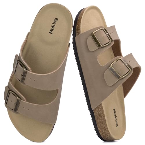 Mnking Sandalias Mules Mujer Hombre Verano Plana Hebilla Punta Abierta Sandalias de Pala Retro Cómodo Piel de Ante Pantuflas de Corcho Antideslizantes Zapatillas Planas Camel EU36
