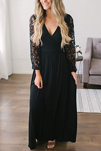 Zattcas Women's Vintage Lace Long Sleeve Wrap V Neck Evening Party Maxi Dress Black X-Large