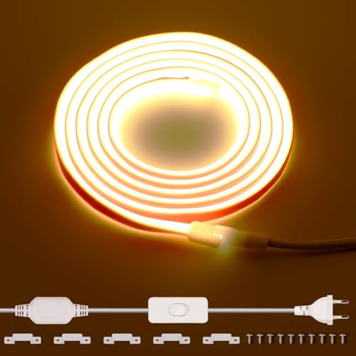 COB LED-strip 220V voor buitengebruik, waterdicht, 2 m, 288 LED's/m, Warm wit 3000K, zonder transformator, flexibel, op maat te knippen, LED lamp met schakelaar, IP65, voor interieurdecoratie, keuken
