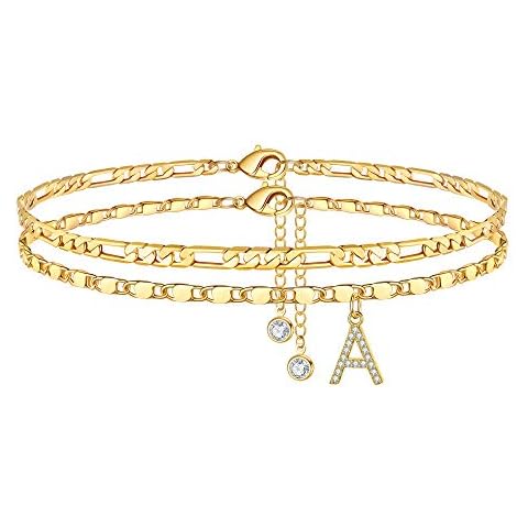 Ursteel Ankle Bracelets for Women, 14K Gold Plated Dainty Layered Figaro Chain CZ Initial Anklets Set Summer Jewelry Gifts for Women Teen Girls, 8 5 inch, Metal Cover