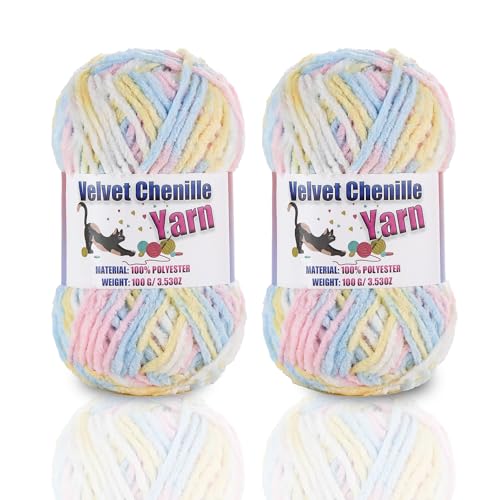 Image of 2 * 100g /3.5oz Fluffy Chenille Yarn for Crocheting, Chunky Velvet Yarn for Crochet Amigurumi, Used for Making Baby Yarns Blanket, Clothes, Pattern Knitting Creations (Colorful-C)