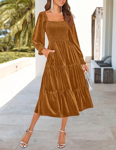 ZESICA Women’s Velvet Long Sleeve Dresses 2025 Fall Square Neck Smocked Ruffle A Line Flowy Midi Dress with Pockets2