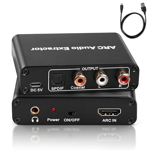 HDMI ARC Audio Extractor ARC Audio Extractor Digital to Analog Converter with Optical Coaxial RCA & 3.5mm Output Supports 192KHz 5.1 Surround Sound for TV and Speakers Plug-and-Play