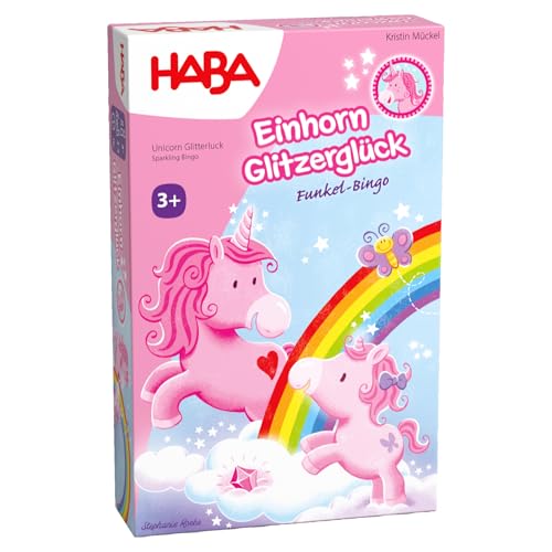 HABA Einhorn Glitzerglück Funkel-Bingo Zauberhaftes Bingospiel mit Kristallen & Einhornmotiven Kinderspiel für 24 Spieler ab 3 Jahren 2012212001
