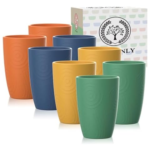 Homienly Wheat Straw Cups 8 PCS Plastic Cups Unbreakable Drinking Cup Reusable Dishwasher Safe Water Glasses with 4 Colors (12 OZ) Cover