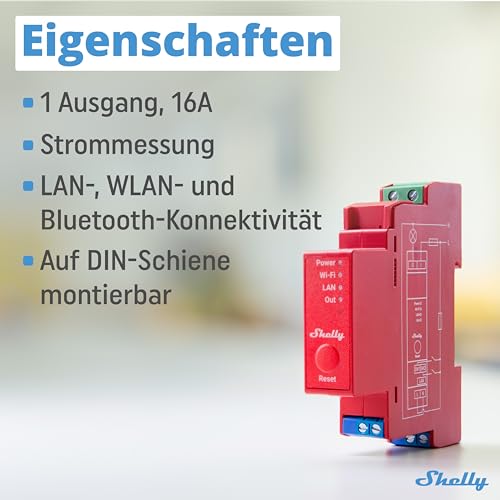 Shelly Pro 1PM | WLAN & Bluetooth Smart-Relais-Schalter mit Leistungsmessung| Hausautomatisierung| Alexa & Google Home kompatibel| iOS Android App| Kein Hub erforderlich | Kabellose Lichtsteuerung