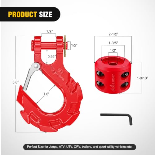 Image of Nilight Forged Steel Winch Hook 3 /8 inch Grade 70 Safety Latch Winch Cable Hook Stopper & Clevis Slip Hook Sets, Included Allen Wrench,Max 35,000 lbs, Red