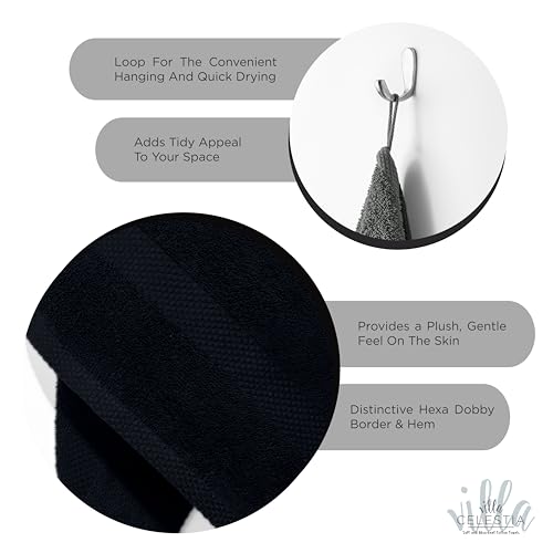 Image of Villa Celestia Cotton Hand Towels Set of 4, 16 x 28, Oeko-TEX Certified, Quick Dry, Black