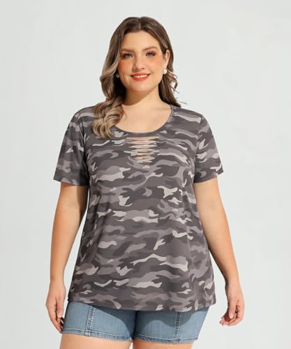Image of CARCOS Plus Size Tops for Women Short Sleeve Shirts Basic Tee Solid Color Blouse V Neck Tunic Loose Fit Tshirts Summer XL-5XL