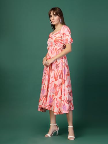 Image of OOMPH! Below Knee Shift Pink Dress in Crepe Fabric with Round Neck and Puff Sleeves - md619l
