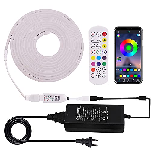 Xunata 12V RGB Bluetooth Neon LED Streifen, Farbwechsel, Musik Sync, App-steuerung, Wasserdicht Flexibel Silikon Neon Lichtschlauch für Innen Aussenbereich Weihnachten Party DIY Deko (5M) Cover