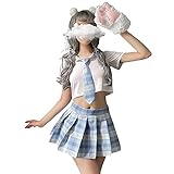 SINGUYUN Japanese School Girls Uniform lattice Pleated Skirt Anime Cosplay Lingerie JK Costume Sexy With Socks (7039White Blue)