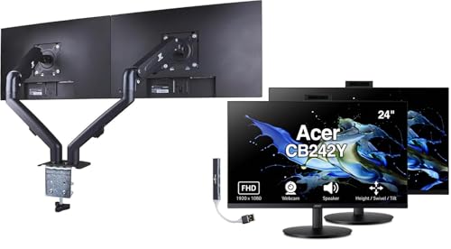 Image of Acer 24 inch FHD IPS Conferencing Monitor (2 Pack) with Anti-Glare | Speakers, Webcam, Adjustable Height /Swivel /Tilt, VESA Mount (100mm), HDMI, VGA w /DKZ Hub & ErgoFlexy Dual Mount Arms