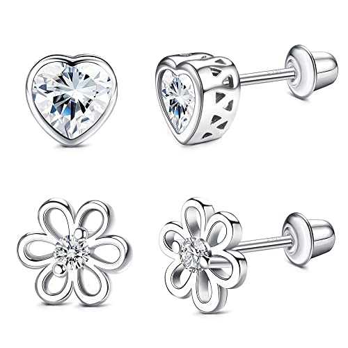 Diamday 2 Paires Boucles d'Oreilles VisséEs Pour Femmes Filles Argent Sterling 925 Coeur Fleur Cz Boucles d'Oreilles Avec Dos De SéCurité Boucles d'Oreilles VisséEs HypoallergéNiques Cover