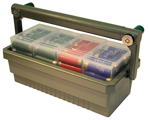 MTM SSC Shotshell Box Caddy with 4 Shell Stackers, Strong comfortable handle, USA Made, Army Green Caddy, Clear Boxes4