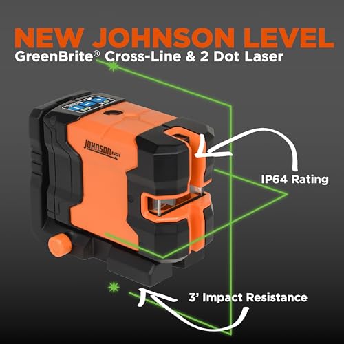 Image of Johnson Level & Tool JLD300-GN2D Laser Level, Self-Leveling Cross-Line & 2 Dot Laser with GreenBrite Technology, Magnetic Base, Hard-shell Carry Case, Lithium Ion Battery, Magnetic Target