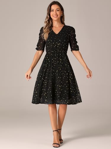 Allegra K Chiffon Dress for Women's Metallic Stars Ruched Sleeve V Neck A-line Dress4