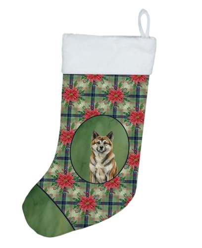 Caroline's Treasures Brindle Akita Christmas Poinsettas Holiday Stocking Double-Sided Print, Polyester Suede,11x18, Made in USA