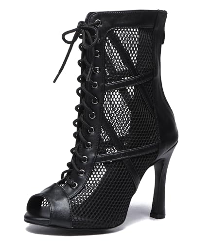 Image of Dance Practice Shoes for Women Mesh Ballroom Sandals Heels Party Prom Ankle Booties with Zip