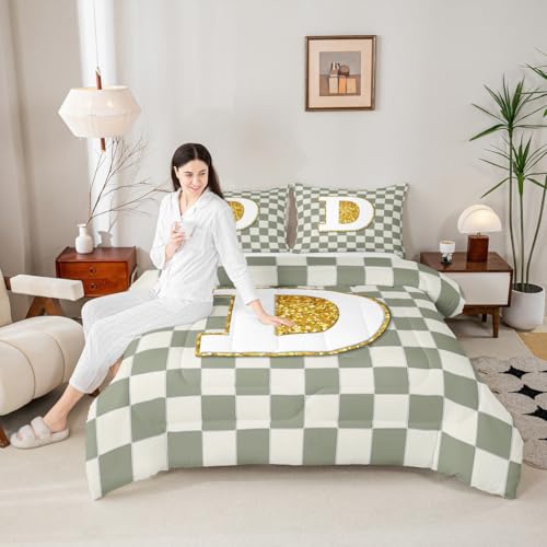 Image of Erosebridal Sage Green Checkered Comforter Set Full Plaid Initial D Bedding Set Personalized Monogram Comforter for Kids Adults,Fashion Grids Gingham Quilt Duvet