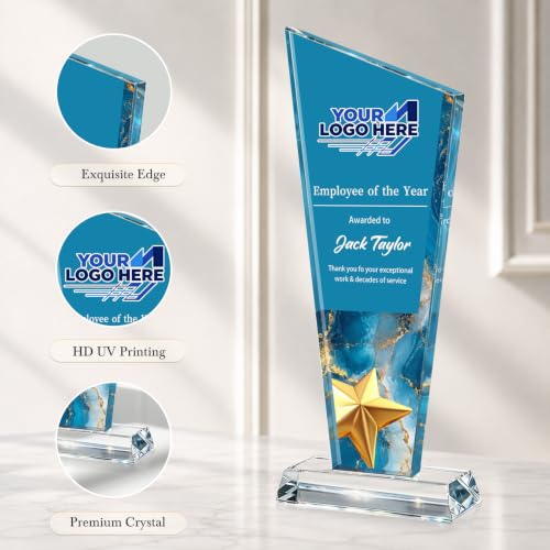 Image of Custom Crystal Trophy Award Personalized Plaque Award with Text Logo Photo Awards Trophies for Employee Recognition Team Graduation Personalized Office Gifts for Boss Coworker Teacher