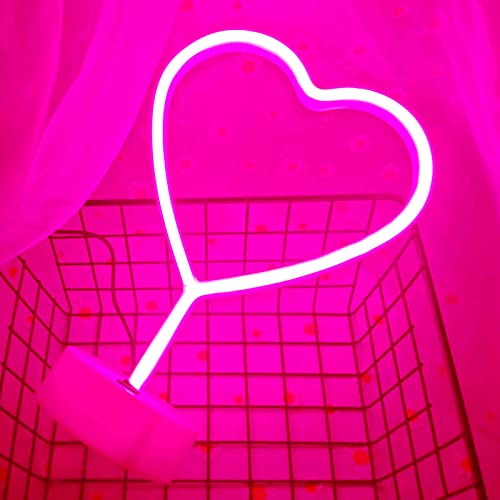 Image of Neon Heart Sign Pink LED Light with Base, USB /Battery Powered Heart Decor for Bedroom, Valentine's Day Decor