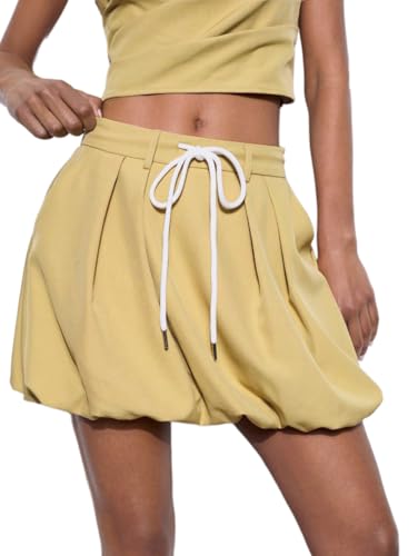 Women's Pleated Bubble Mini Skirt with Pockets, Mid Rise Elastic Waist Crop Skater Skirt
