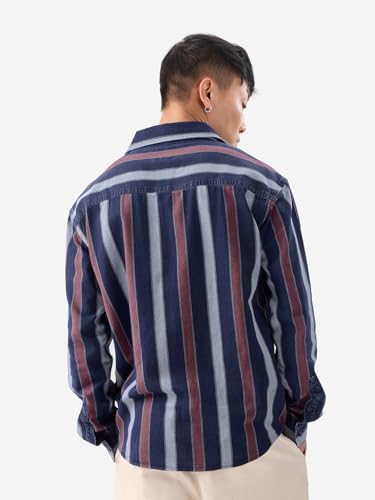 Image of The Souled Store Stripes: Blue, Rust Red Men and Boys Long Sleeves Collared Neck Button Front Cotton Relaxed Fit Shirts