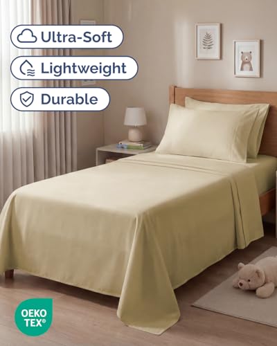 Image of Twin 4 Piece Bed Sheet Set - Comfy, Breathable & Cooling Sheets - Beige | Ultra Soft Hotel Luxury Bedding Set with 8-16 Inch Deep Pockets, 1 Flat & 1 Fitted Sheet & 2 Pillowcases, Wrinkle & Fade Free
